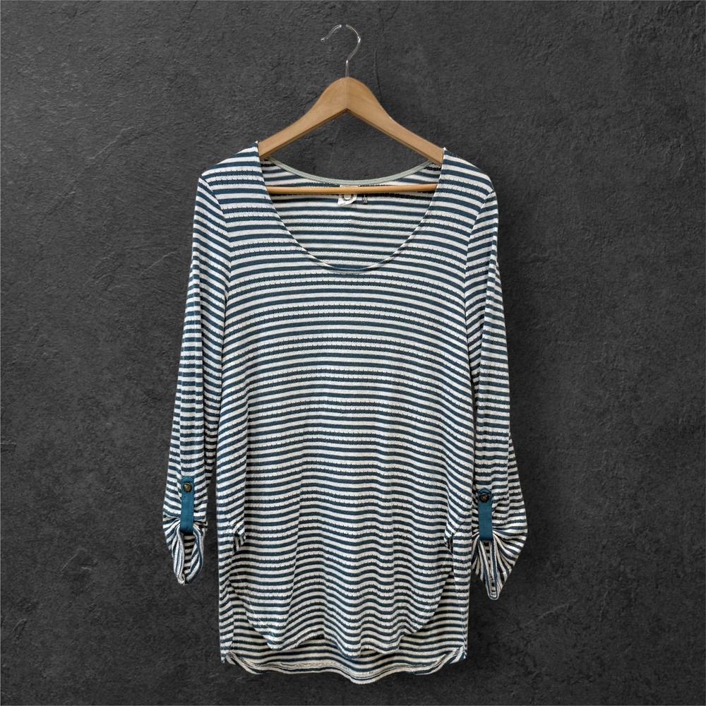 Akemi + Kin Anthropologie Navy Striped Roll Tab Sleeve Tunic Top Small